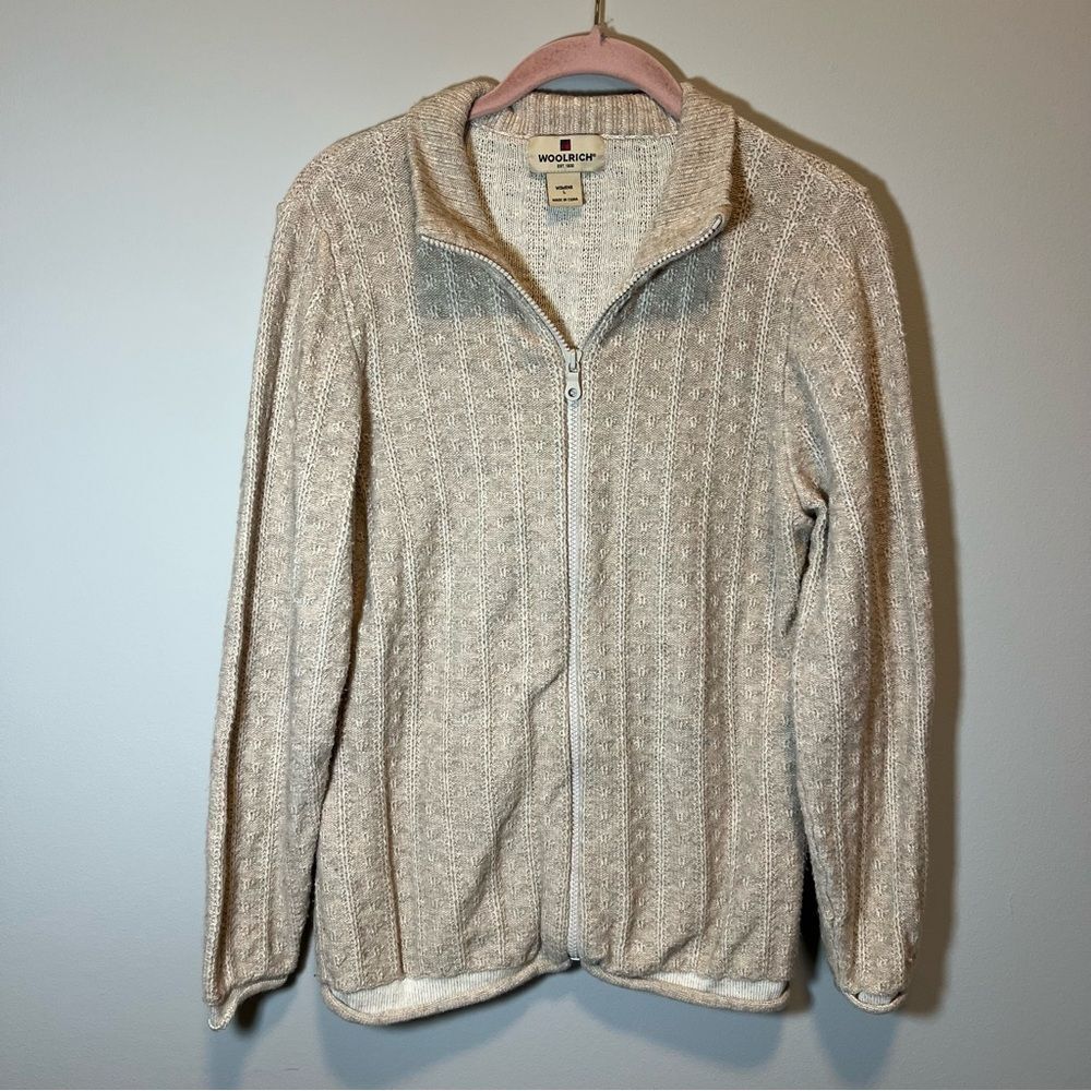 Woolrich Women’s Khaki Wool Blend Zip Up Tan Sweater Large‎